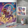 Cortina de Ducha Divertida de Dinosaurio y Unicornio Juego de Cuatro Piezas Alpaca Espacial Impresión Digital Cortina de Ducha Impermeable para Baño y Alfombrilla de Piso