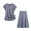 Fabricante Mayorista de Ropa para Mujer Transfronteriza 2025 Top con Cuello Redondo de Manga Corta Adornado Falda Midi Conjunto Suave