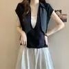 Camiseta de Talla Grande con Parche de Cinta y Diseño Falso de Dos Piezas, Manga Corta, Nuevo Estilo de Verano para Mujer, Corte Holgado, Versátil, Elegante, Adelgazante y Favorecedor