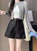 Pantalones de Cuero de Cintura Alta Ligeramente Gorditos para Mujer para Otoño e Invierno, Pantalones de Pierna Ancha Línea A para Primavera y Otoño, Nuevos Shorts Casuales de Piel Sintética Adelgazantes