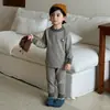 Conjunto de Roupa Térmica Sem Costura de Lã e Seda Personalizado para Meninos e Meninas, Top e Calça Derong de Gola Redonda para Outono, Tendência