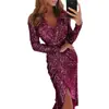 Amazon Vestido Midi Sexy de Manga Longa com Estampagem a Quente para Mulheres Vestido com Decote V para Noite Fenda Vestido Justo para Mulheres