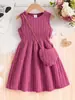 Comercio Exterior Ropa Infantil Verano Niñas Casual Color Sólido Cuello Redondo Sin Mangas Cintura Ceñida Vestido de Punto + Bolso Cruzado