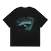 Representar Camiseta Masculina de Manga Curta com Estampa de Tubarão Lavada Estilo Antigo Retro Marca de Moda Europeia e Americana Manga Meia Estação Verão