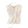 Blusa de Tricô Pequena com Mangas Leves Vazadas e Cordão Doce e Picante para Mulheres, Novo Verão Irregular Fina Versátil Gola Redonda Crop Top Tendência