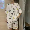 Pijama de Verano de Manga Corta para Mujer Pequeño Dinosaurio Dibujos Animados Lindos Niña Dulce Delgado Fresco Ropa de Casa de Verano