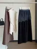 Nueva falda de terciopelo con empalme de encaje para mujer, falda de otoño de cintura alta, corte ajustado, longitud media con abertura trasera, falda bodycon de corte recto