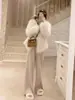 Pantalones de Punto de Pierna Ancha Rectos Color Avena de Cintura Alta para Mujer Otoño e Invierno Pantalones Casuales Suaves y Cerosos Estilo Holgado Perezoso Pantalones Dopping