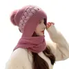 Chapéu Lenço Estampado para Mulheres, Outono e Inverno Versátil Estilo Coreano Chapéu de Tricô Quente, Chapéu Espessado com Forro de Fleece, Lenço e Chapéu Combinados em Um