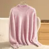 Suéter Básico de Punto Holgado Estilo Perezoso, Cuello Medio Alto, 100% Cachemir Puro de Fibra Larga Cepillado Real de Alta Calidad, Amigable con la Piel