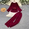 Conjunto de tricô estilo preguiçoso com amarração na cintura e calça pantalona para mulheres, outono, emagrecedor, conjunto de duas peças solto e casual para o trabalho