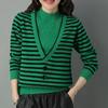 Ropa de Punto para Mujer de Principios de Otoño 2025 Nuevo Estilo Cuello Medio Alto Rayas en Contraste Falso Punto de Dos Piezas Camisa Básica de Moda para Mujer