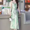 Vestido Largo Estampado Ajustado Sin Espalda Verano 2025 Nuevo Sexy de Satén Sedoso con Tirantes y Cuello en V