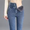 Jeans de Outono e Inverno para Mulheres 2023 Novo Inverno de Cintura Alta Alto e Slim Justo Calças de Perna Pequena Espessas Forradas com Lã