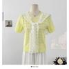 Chal Dulce de Encaje Suéter de Manga Corta con Cuello Redondo para Mujer Diseño de Verano Nicho Recorte Patrón de Ganchillo Look Adelgazante Top para Mujer