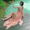 Vestido Longo Rosa de Verão para Férias na Beira-Mar com Detalhe de Rosa Tridimensional Vestido de Praia