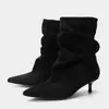 Botas Femininas de Salto Alto Meia-Canela Apontadas de Veludo Salto Bloco Plissadas Estilo Western Chegada Nova Outono/Inverno 2026 Tamanho Plus Transfronteiriço