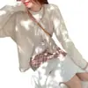 Novo modelo estilo coreano para o início da primavera, fio mesclado, color-blocking, gola redonda, cardigã de tricô de abotoamento simples com bordado, jaqueta cardigã de estilo jovem para mulheres
