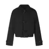 Chaqueta corta de lana negra de estilo americano moderno 11KN con hombros rectos, unisex, corte holgado, versátil, con diseño de botón de cuerno y cuello de solapa