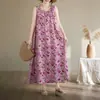 Saia Longa Tamanho Grande Feminina Verão Estilo Étnico Retrô Solta Estampada Sem Mangas Algodão Seda Longa Vestido Pulôver Colete
