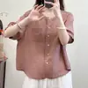 Nueva Camisa de Lino Casual Holgada de Cuello Redondo Color Sólido Elegante Versátil Adelgazante para Mujer