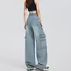 Pantalones de mezclilla de pierna ancha de estilo americano Workwear Retro de cintura alta holgados multibolsillos versátiles de largo hasta el suelo High Street para mujer