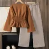 Conjunto para Niñas Ropa Infantil Transfronteriza 2026 Primavera Nuevo Diseño Mangas de Campana Lazo Cintura Ajustable Top Pantalones de Pierna Ancha