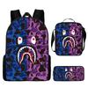 Mochila de estudante de tubarão de correspondência de cores de camuflagem transfronteiriça Impressão digital de grande capacidade Cartoon Anime Mochila Mochila