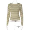 Ropa de Mujer de Venta Caliente Europea y Americana Primavera 2026 Nueva Moda Personalidad Cuello Redondo Manga Larga Rayas Ajustado Top Camiseta Venta al por Mayor
