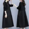 Vestido com Bloqueio de Cores, Bolso com Botão, Gola Redonda, Feminino, Primavera, Outono, Tamanho Grande, Gorduchinha MM, Roupas para Mãe, Rejuvenescedor, Estiloso, Solto, Comprimento Médio, Saia