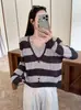 Suéter de malha de manga longa bloqueado por cores, estilo coreano, de alta qualidade, imitação de duas peças, para mulheres, suéter casual versátil de outono, top elegante