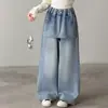 Jeans Novo Estilo de Primavera para Meninas Mais Velhas, Jeans Infantil de Cor Clara Bordado com Strass com Design Falso de Duas Peças