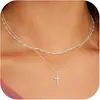 Colar Amazon banhado a ouro pingente de cruz colar empilhado de camada dupla personalidade de nicho lateral Cruz de Diamante pescoço