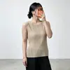 Top básico tipo camiseta Miyake, cuello redondo, color liso, simple y versátil para ir al trabajo, se puede usar como capa interior o solo, top tipo tank sin mangas plisado para mujer