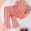 Traje de otoño para niños de Amazon, conjunto de dos piezas con top y pantalones anchos con estampado floral tridimensional de estilo europeo y americano para niñas.