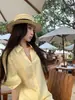 Camisa Feminina Pusumed Monsoon Monologue de Lyocell e Linho com Decote V e Manga Meia, Casual Solta para o Trabalho
