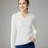 Suéter de Malha Feminino Gola Polo Cashmere Outono/Inverno 2026 Suéter Pulôver de Gola V Canelado Camada Base de Malha