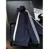 Jaqueta de Voo Americana Desconstruída Azul Escuro Masculina Outono Listrada Patchwork Sportswear Gola Alta Ombro Raglan Jaqueta Baseball