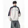 Moletom cardigã de gola alta color block listrado estilo americano para homens, marca da moda, jaqueta esportiva casual solta para casais para primavera e outono