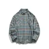 Camisa xadrez escovada de manga comprida, corte solto, estilo retrô americano moderno, para homens e mulheres, moda outono com gola de lapela
