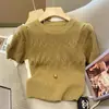 Camiseta de Punto con Hilo de Alma, Diseño de Rombos, Manga Corta, Cuello Redondo, para Mujer, Nueva de Primavera 2025, Top Dulce, Camiseta Básica