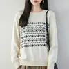 Suéter vintage 100% algodón, nueva camiseta básica de punto jacquard de manga larga para mujer, corte holgado, para otoño e invierno