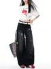 Jeans Retro con Estampado de Estrellas Negro y Gris Diseño de Otoño para Mujer Calle Alta Americano Sueltos Caída Pantalones de Pierna Ancha