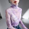 Camisa Fina con Estampado de Tinta Abstracta para Mujer, Nueva Malla para Primavera y Otoño con Camiseta Base, de Manga Larga de Cuello Alto de Moda