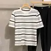 Camiseta Rayada de Manga Corta Retro a la Moda para Hombre Verano Moderna Delgada Casual Transpirable Versátil Cuello Redondo Manga Media