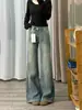 Jeans Azules Estilo Americano con Patrón de Nudo de Bambú Micro-Acampanados para Mujer Primavera Otoño 2026 Nuevo Lavado Desgastado Adelgazantes No Ajustados a la Pierna Pantalones Acampanados