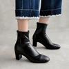 Botas de Moda de Invierno Color Albaricoque Suave Escote Bajo Punta Redonda Tacón Grueso Alto Talla Grande Cremallera Costuras de Cuero Botas Ajustadas