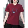 Camiseta de Manga Corta Talla Grande para Mujer, Estilo Coreano Casual Holgada, Top Adelgazante de Hombro Normal para Señoras de Mediana Edad