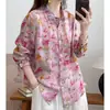 Nova Camisa Floral de Ráfia Colorida Macaron para Primavera e Outono, Solta e Versátil, Blusa Fina Estampada para Mulheres, 9 Cores