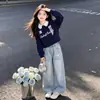Conjunto de Moletom com Gola Polo e Renda Elegante e Calça Jeans com Estampa de Estrelas para Crianças Maiores - Moda Primavera e Outono 2026